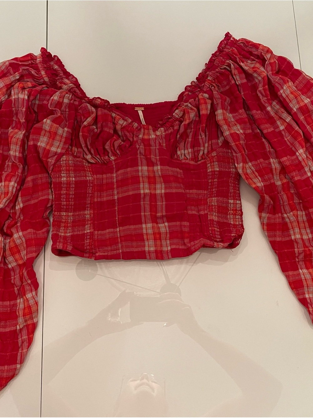 Free People Red Plaid Puff Sleeve Crop Top